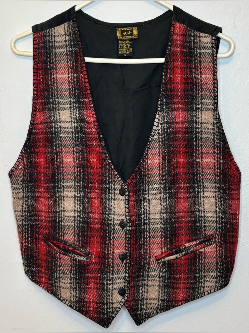 Vintage A.J. Wool Blend Plaid Vest Small Red Black